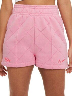 Nike Sportswear Pink Quilted Fleece Sweat Shorts Cursive Swoosh Logo Size S